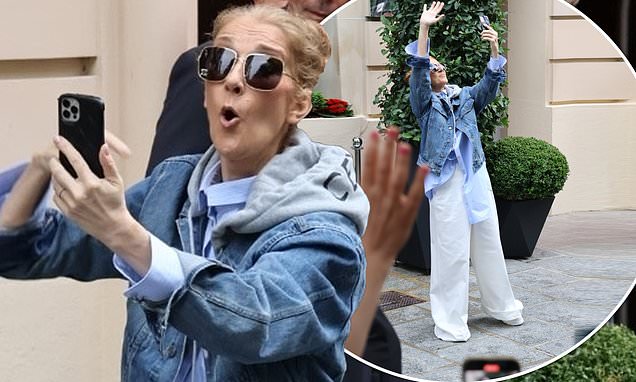Celine Dion puts on an animated display as fans swarm her Paris hotel